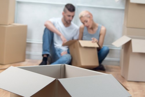 Packed boxes and furniture ready for a family move in Totteridge